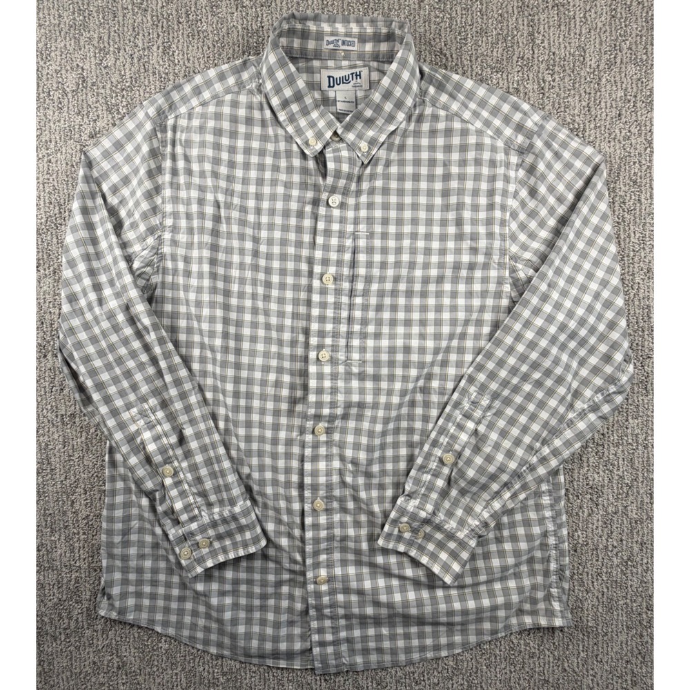 Duluth Untucked Shirt Mens L Gray Plaid Performance Stretch Button Down
